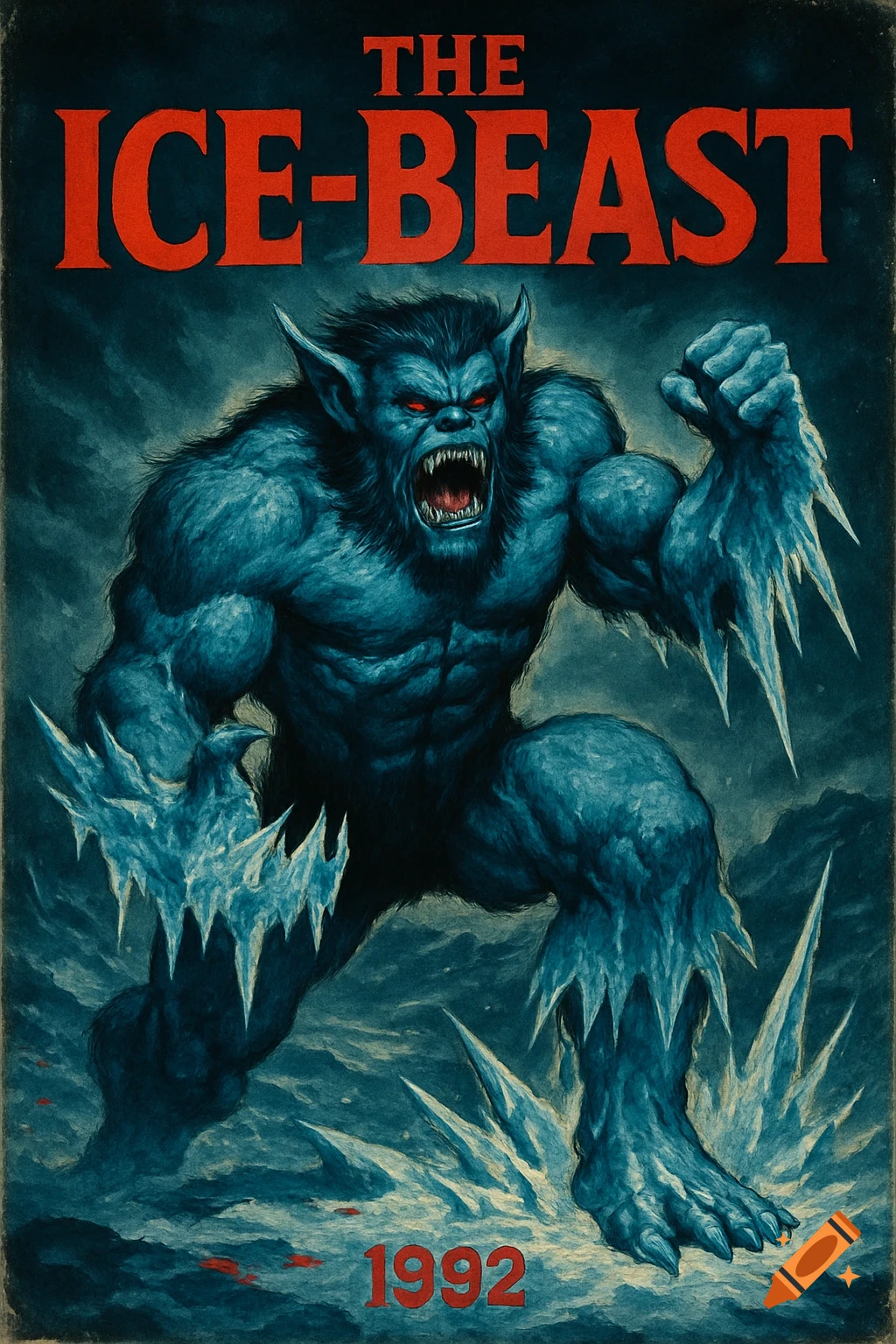 Vintage horror movie poster for 'THE ICE-BEAST' featuring a blue, muscular, hairy monster with red eyes and ice spikes, dated 1992.