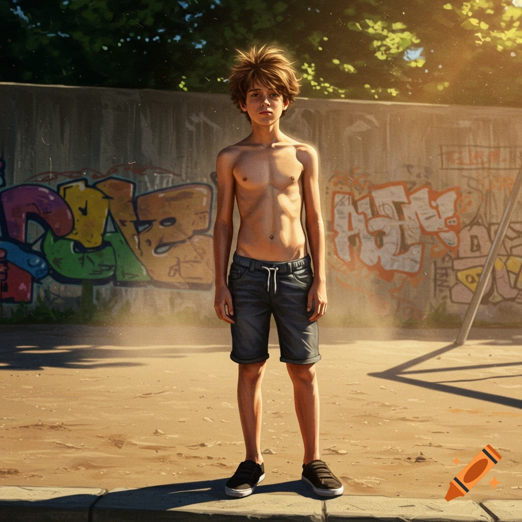 A young shirtless boy in shorts stands in front of a graffiti-covered wall under the sun.