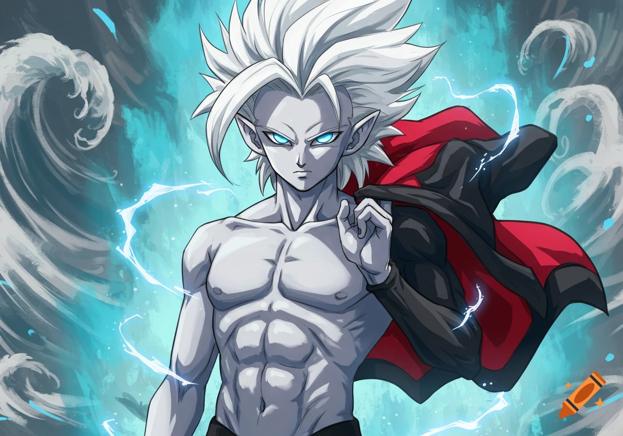 Anime character with white spiky hair, glowing blue eyes, muscular bare chest, and a red and black jacket over his shoulder, against a swirling blue energy background in Dragon Ball style.