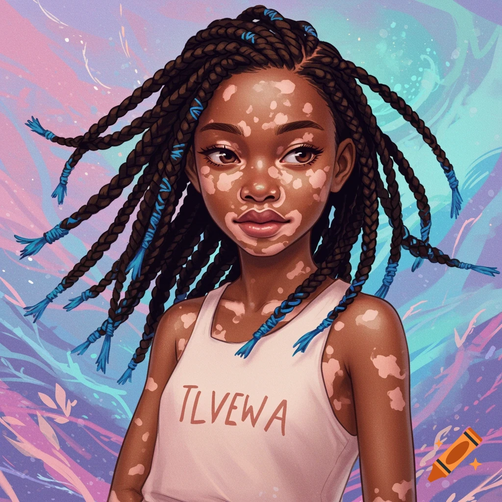 Stylized illustration of a young Black girl with vitiligo, braided hair with blue highlights, wearing a tank top, against a pastel background.