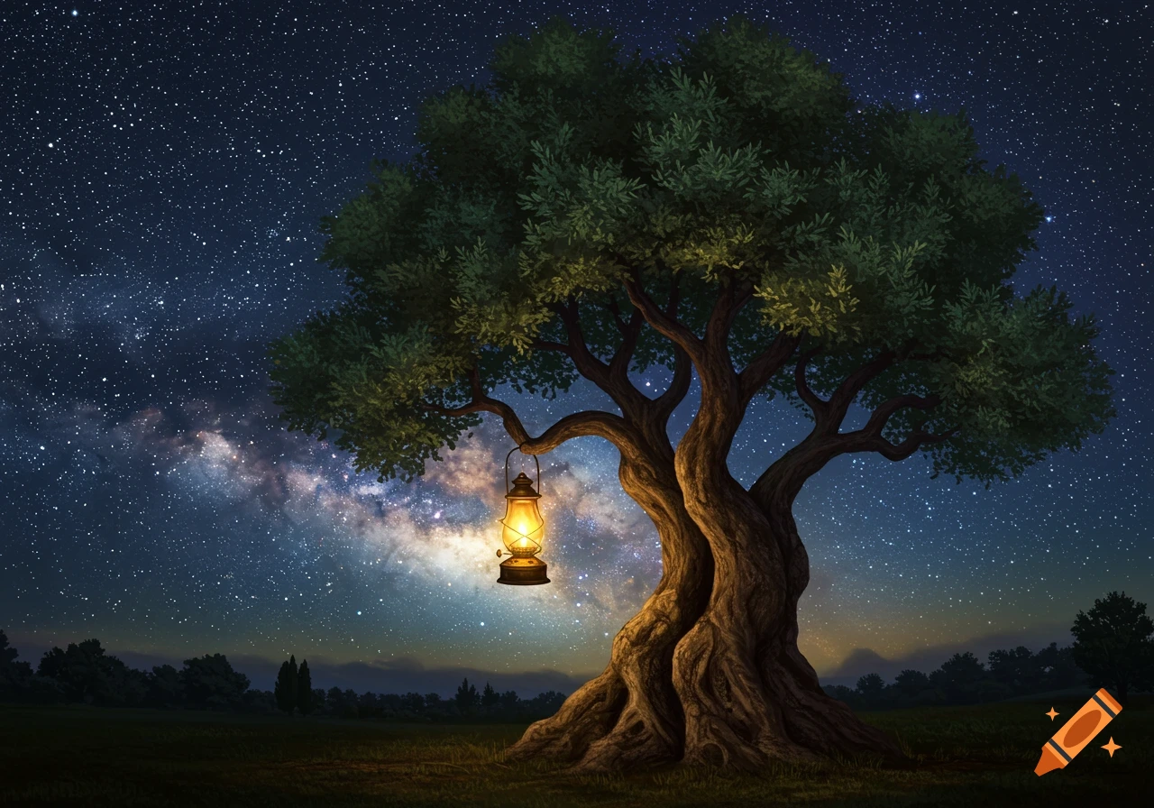 A gnarled tree with a glowing lantern hanging from its branch against a backdrop of a starry night sky and the Milky Way.