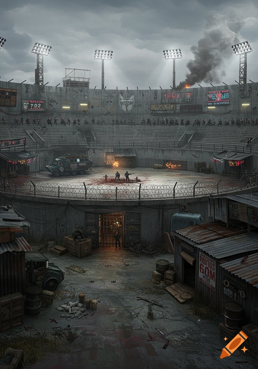 A gritty, post-apocalyptic gladiatorial arena with a blood-stained floor, razor wire, and makeshift shacks under a cloudy sky.