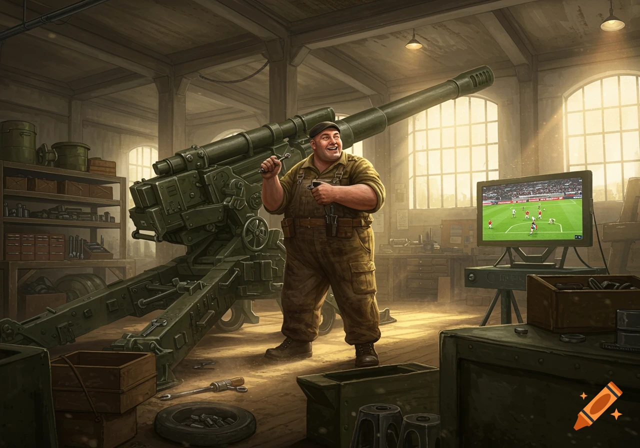 A smiling British army mechanic fixes a large green artillery gun in a sunlit workshop, while a football match plays on a TV nearby.