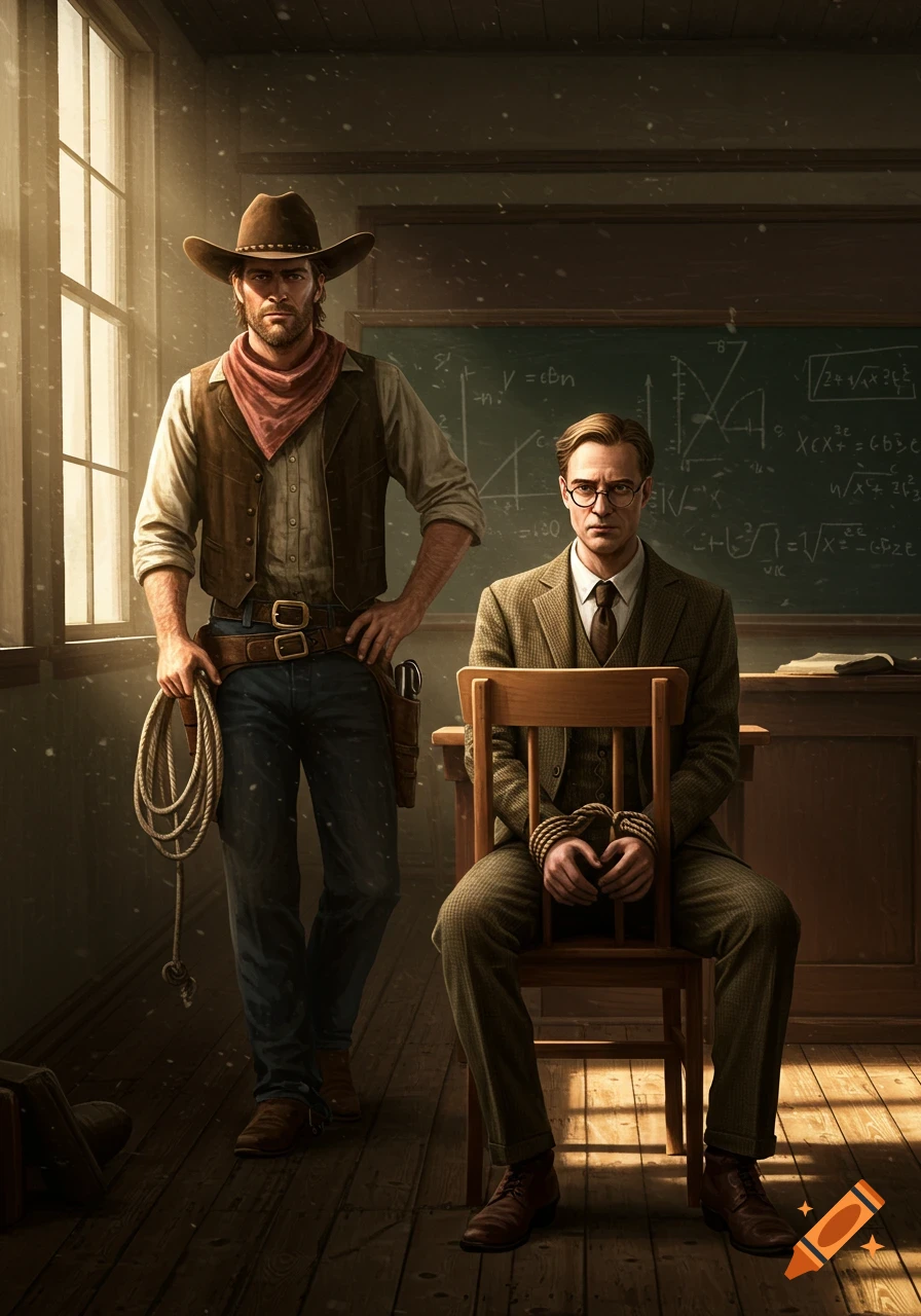 A cowboy in a brown hat and vest stands over a man in a suit tied to a chair in an old, dusty classroom with equations on a blackboard.