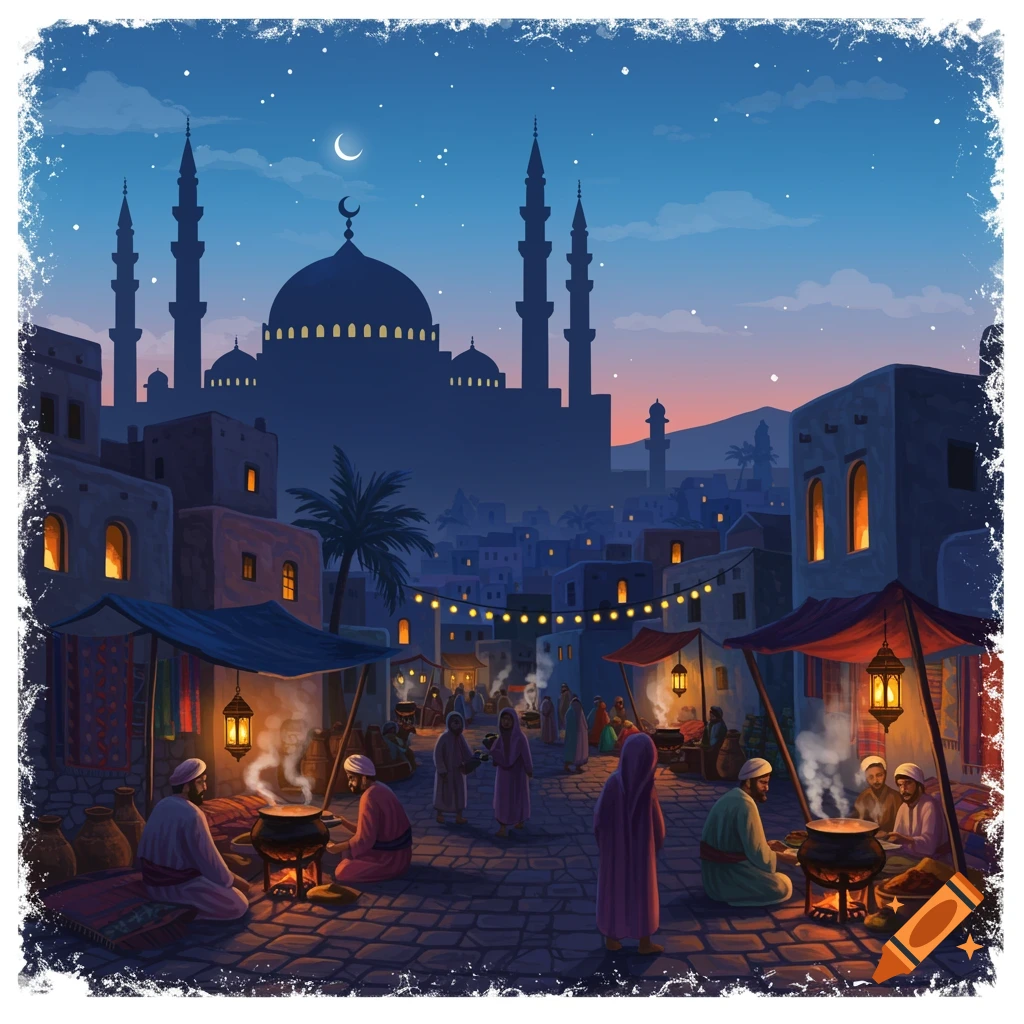 An illustrated night market scene in a Middle Eastern city with a large mosque, vendors, people, and glowing lanterns under a crescent moon.