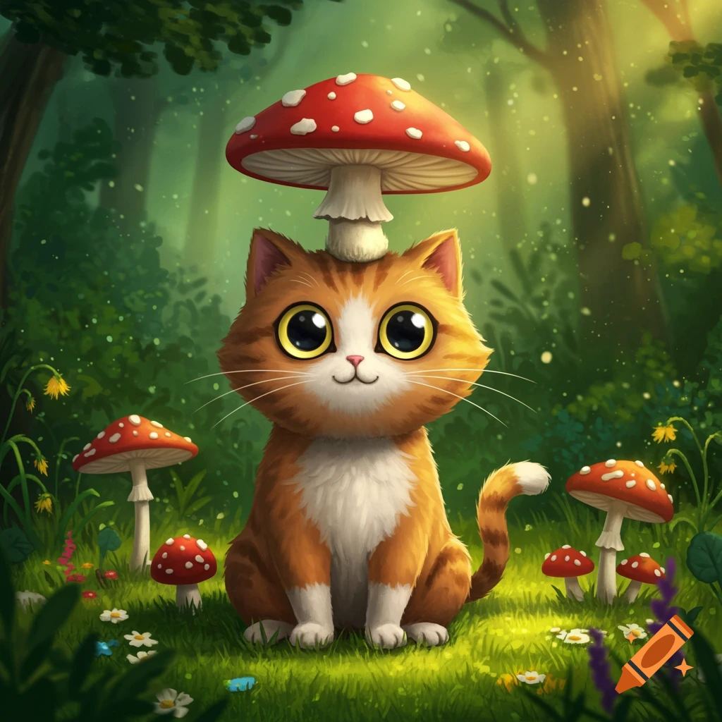 A cute cartoon orange and white cat with big eyes sitting in a forest with a red mushroom on its head and surrounded by other mushrooms and flowers.