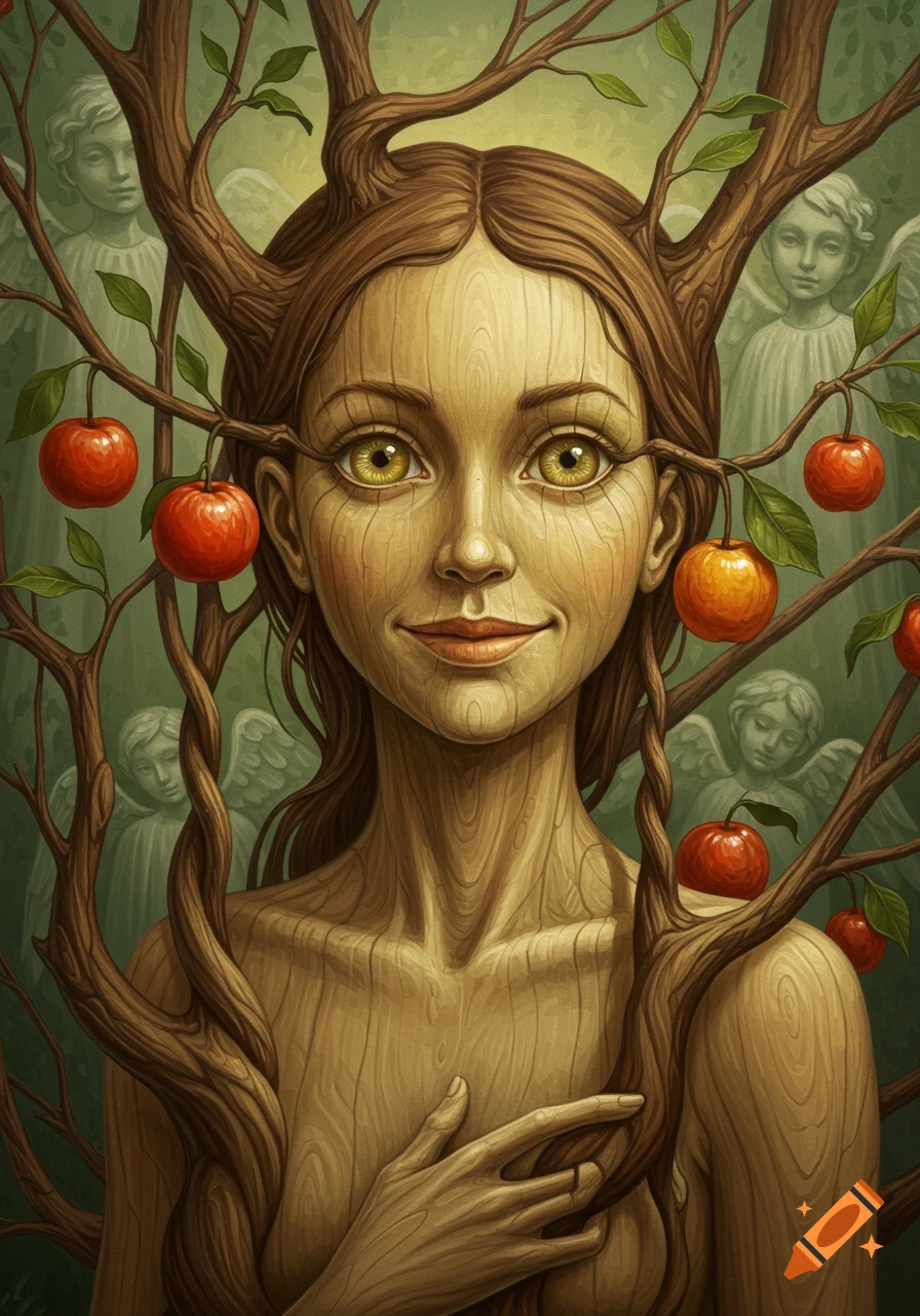 Surreal portrait of a woman with wooden skin and tree branches growing from her head, adorned with red apples, angelic figures in the background.