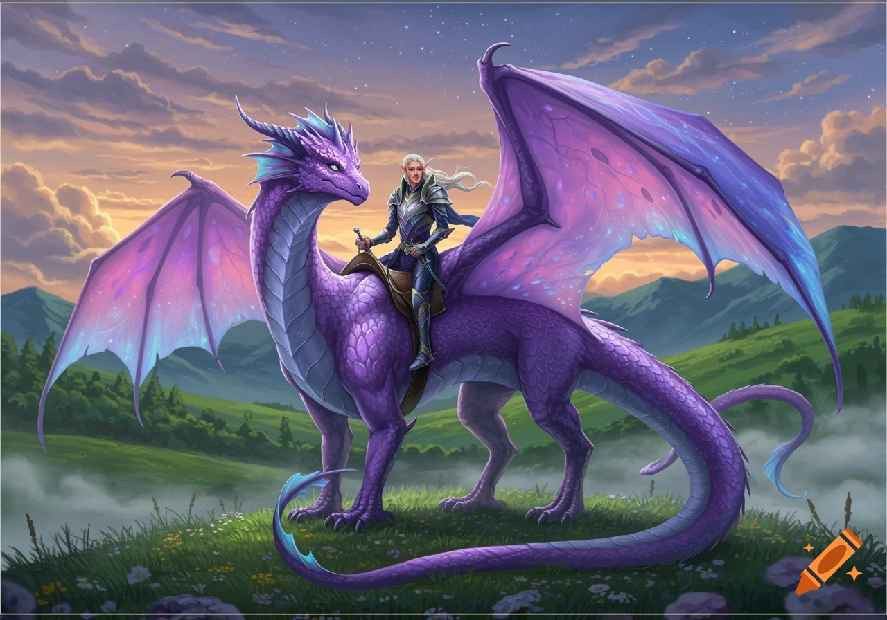An elven rider on a large purple and blue dragon stands on a grassy hill at sunset.