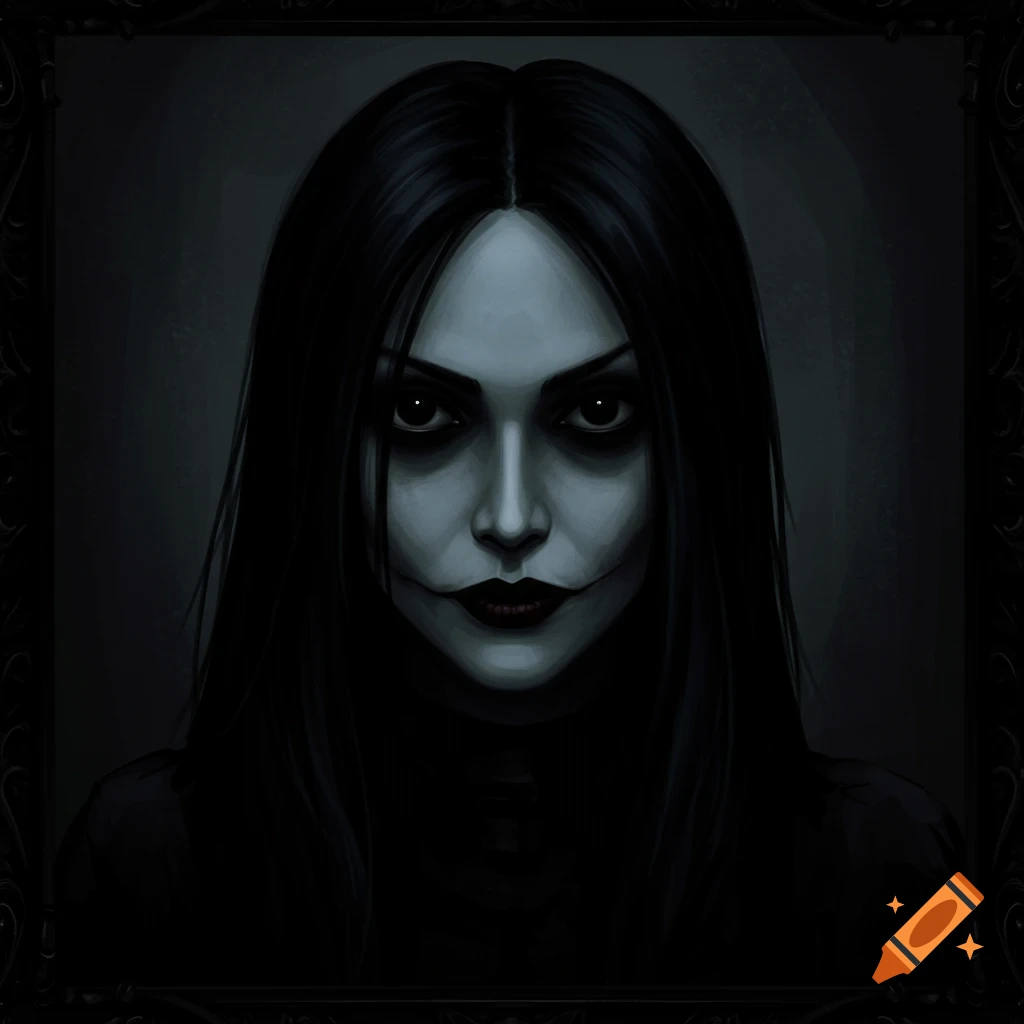 A dark, close-up portrait of a woman with black hair, pale skin, dark eyes, and a disturbing smile in a gothic frame.