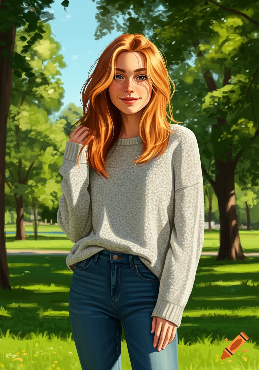 An illustrative portrait of a young woman with long red hair, wearing a grey sweater and jeans, smiling in a sunny park.