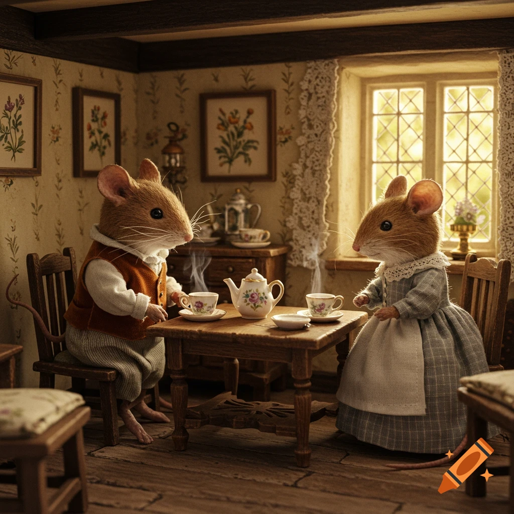 Two anthropomorphic mice in period clothing sit at a tiny wooden table, enjoying a tea party in a cozy English cottage.