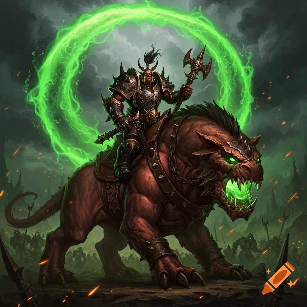 A fierce orc warrior in black armor rides a monstrous red beast with glowing green energy on a dark, stormy battlefield.