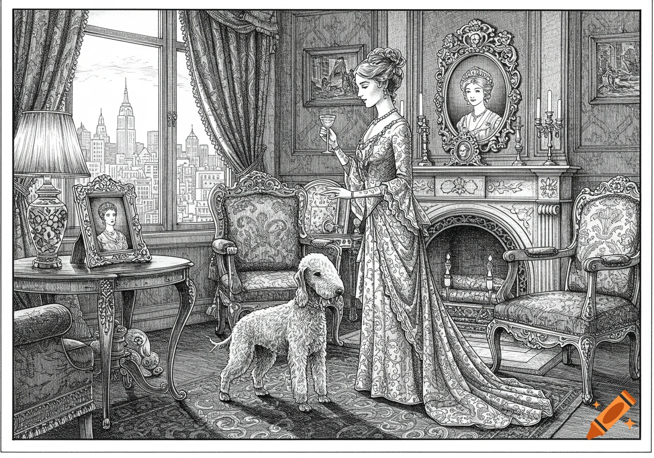 A black and white line drawing of a Victorian woman holding a glass, looking at a framed portrait, with a Bedlington terrier in a New York penthouse.