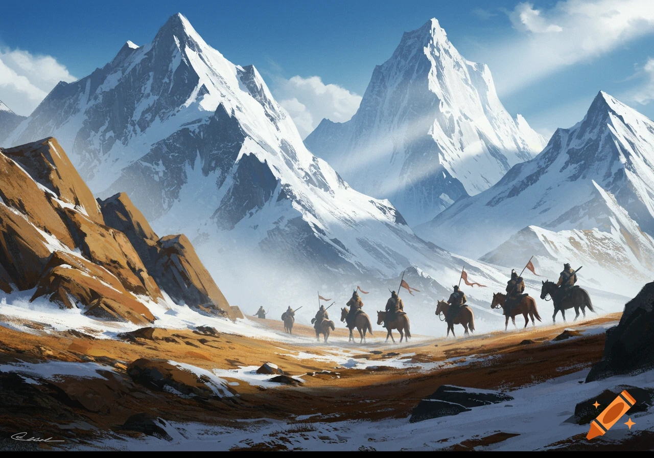 A group of horseback riders traverses a snowy, rugged mountain pass under a clear sky.