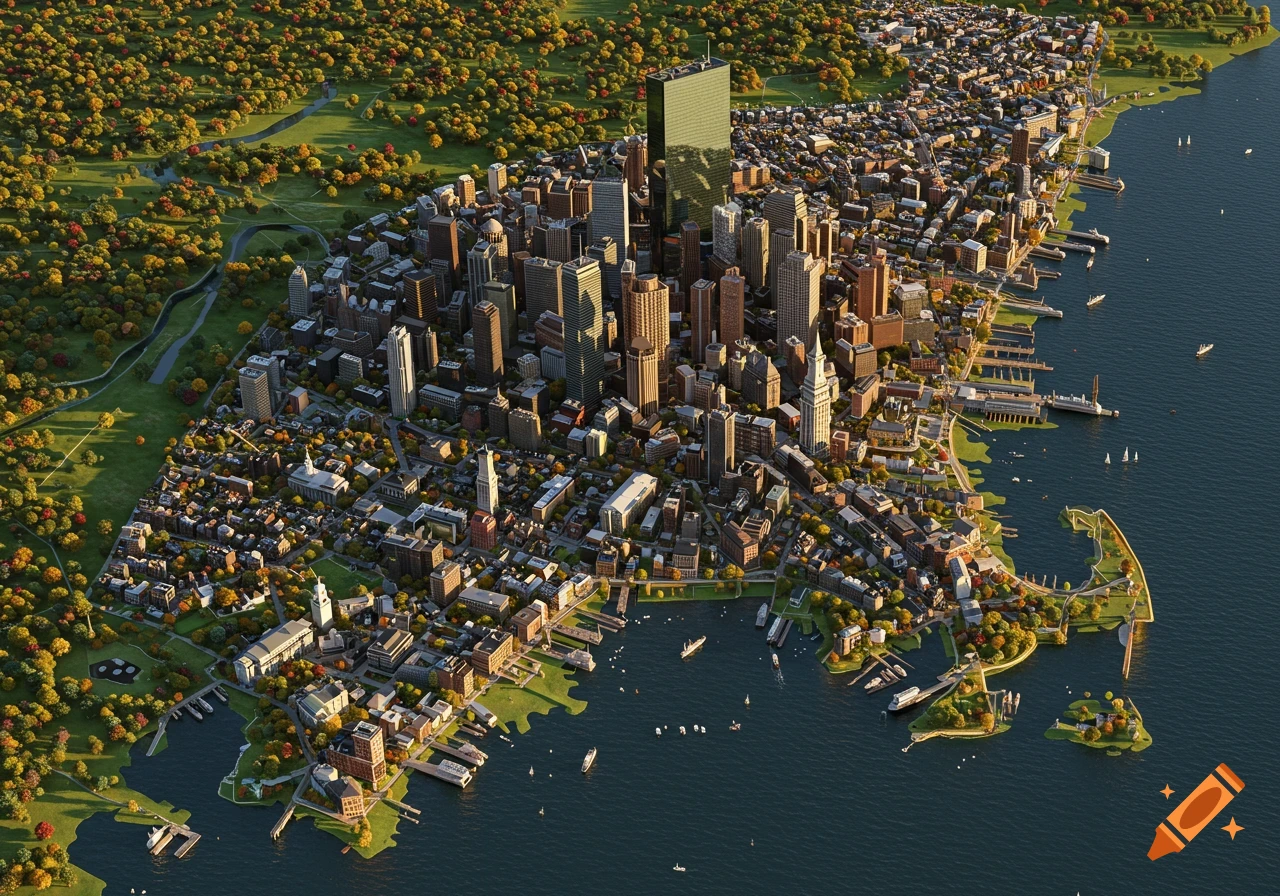 Detailed aerial view of the city of Boston, showing skyscrapers, houses, green parks, and a harbor with boats.