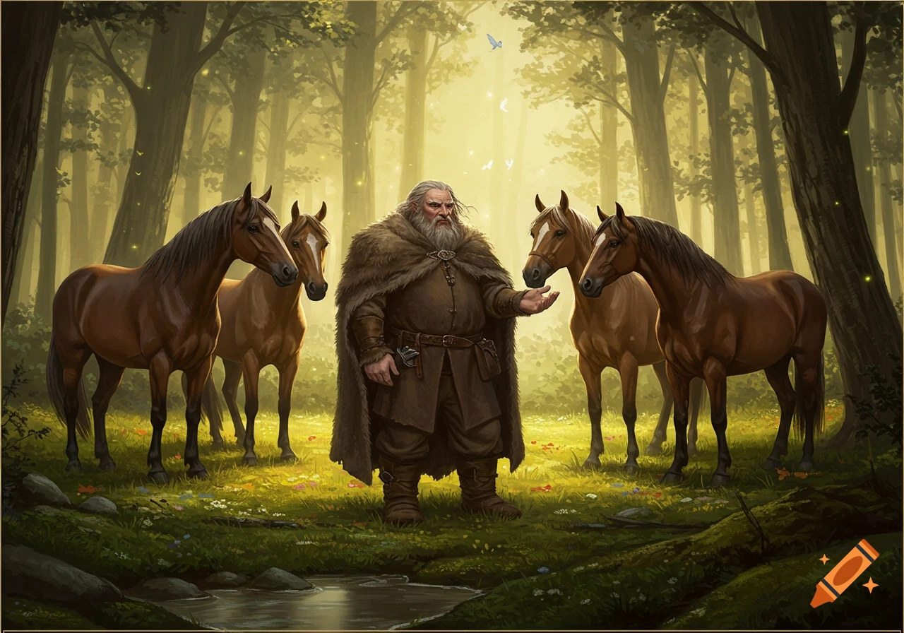 A bearded man in a fur cloak stands with four brown horses in a sunlit forest, gesturing to them. Digital fantasy art.