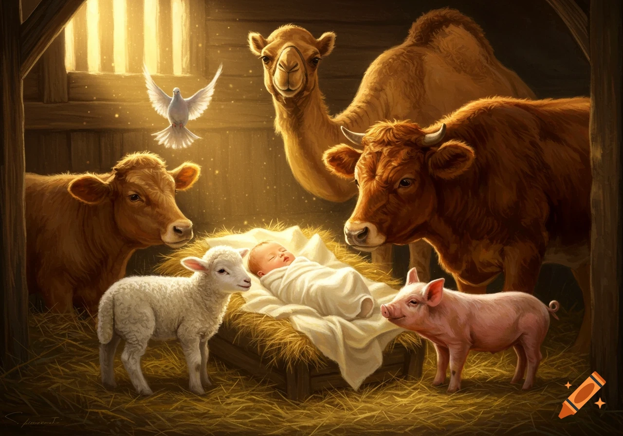 A lamb, two cows, a pig, a dove, and a camel gather around a newborn infant sleeping in a manger in a stable.