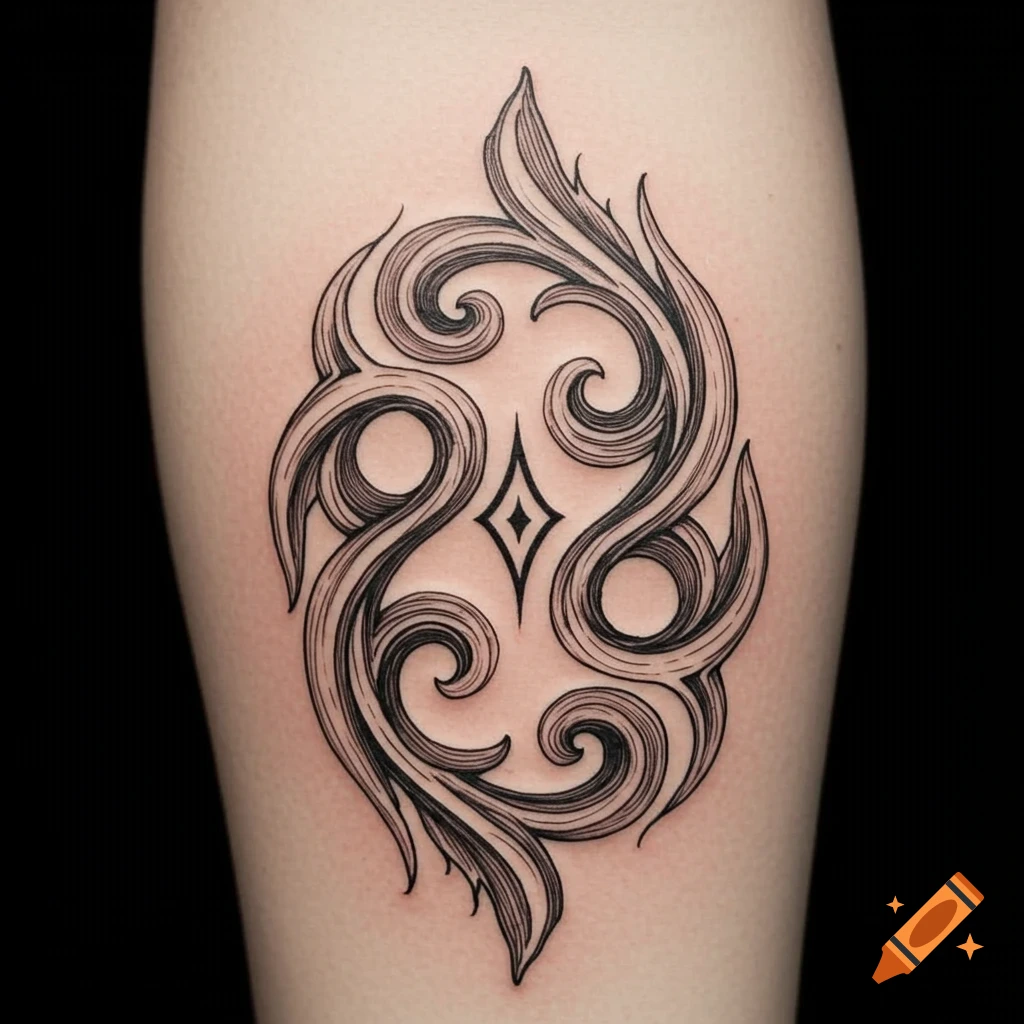 A black and white ornamental tattoo with intricate scrollwork and a central diamond on human skin.