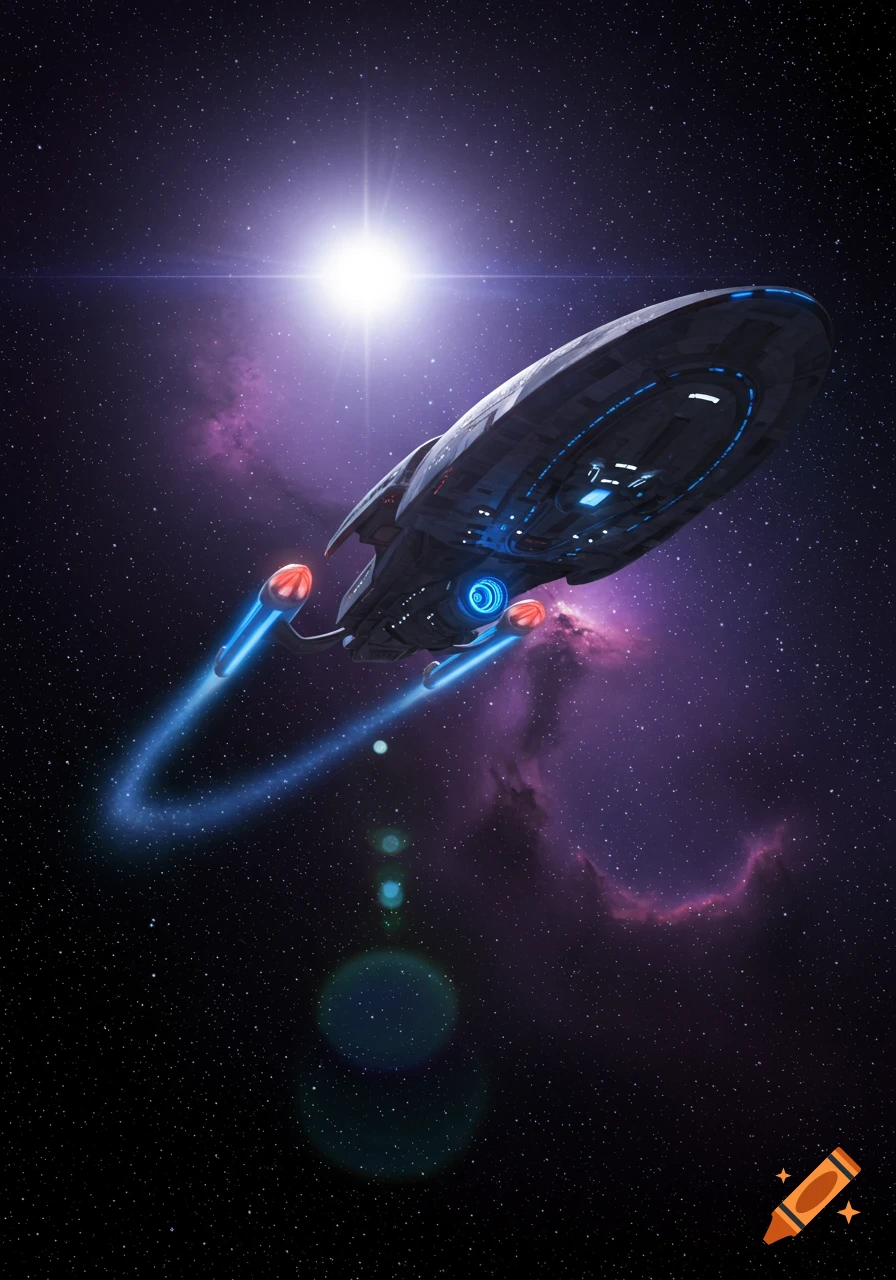 A futuristic starship flies through deep space, with a bright star and purple nebula in the background.