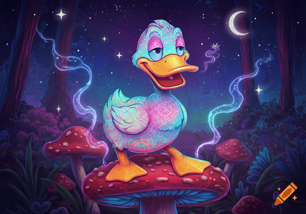 A psychedelic cartoon duck with colorful patterns stands on a large red mushroom in a trippy, starry blue forest.
