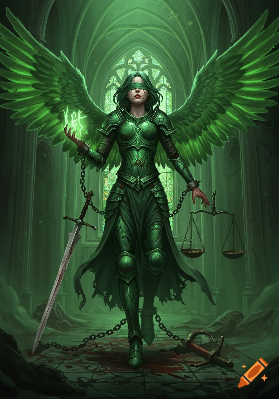 A blindfolded winged woman in green armor holds glowing magic and broken chains in a ruined, green-lit cathedral.