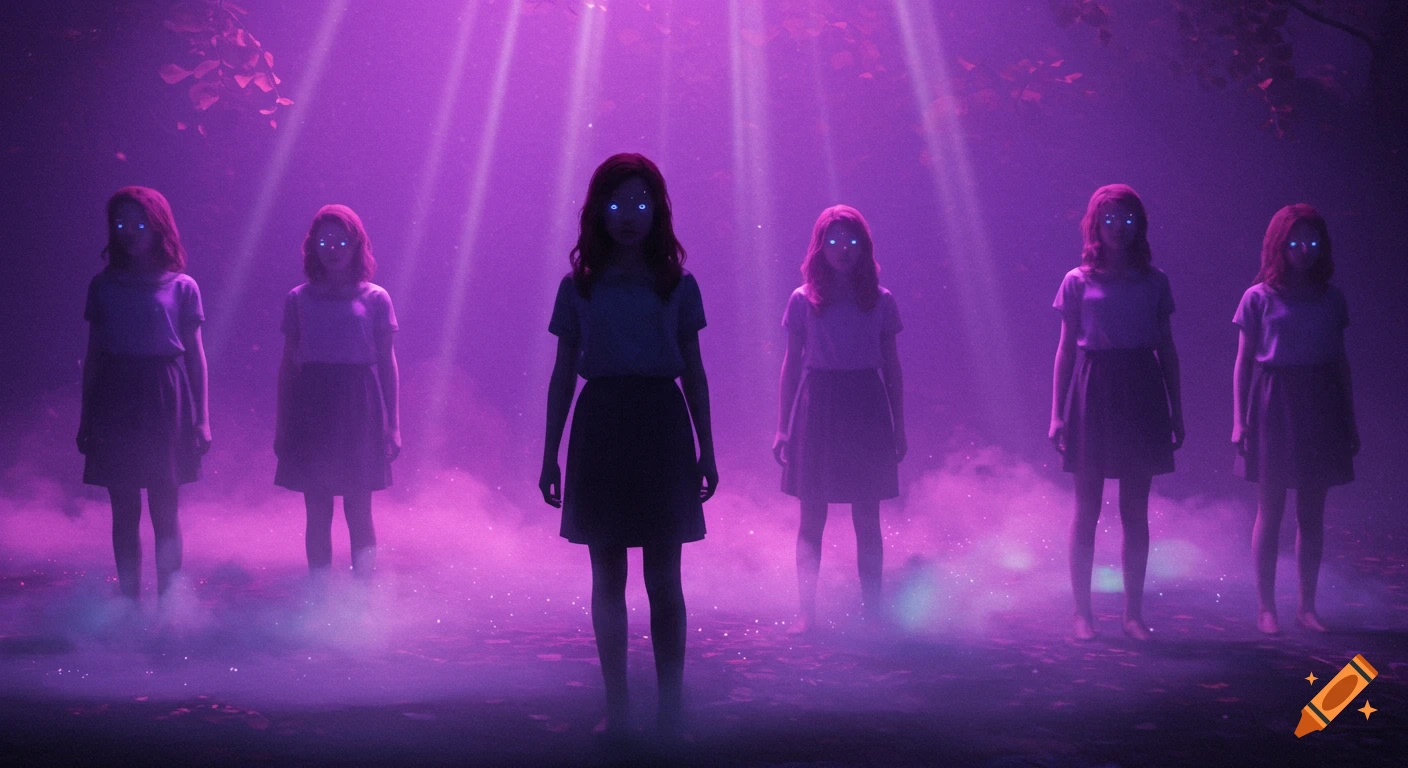 Six girls with glowing blue eyes stand in a misty purple forest, illuminated by eerie light beams from above.