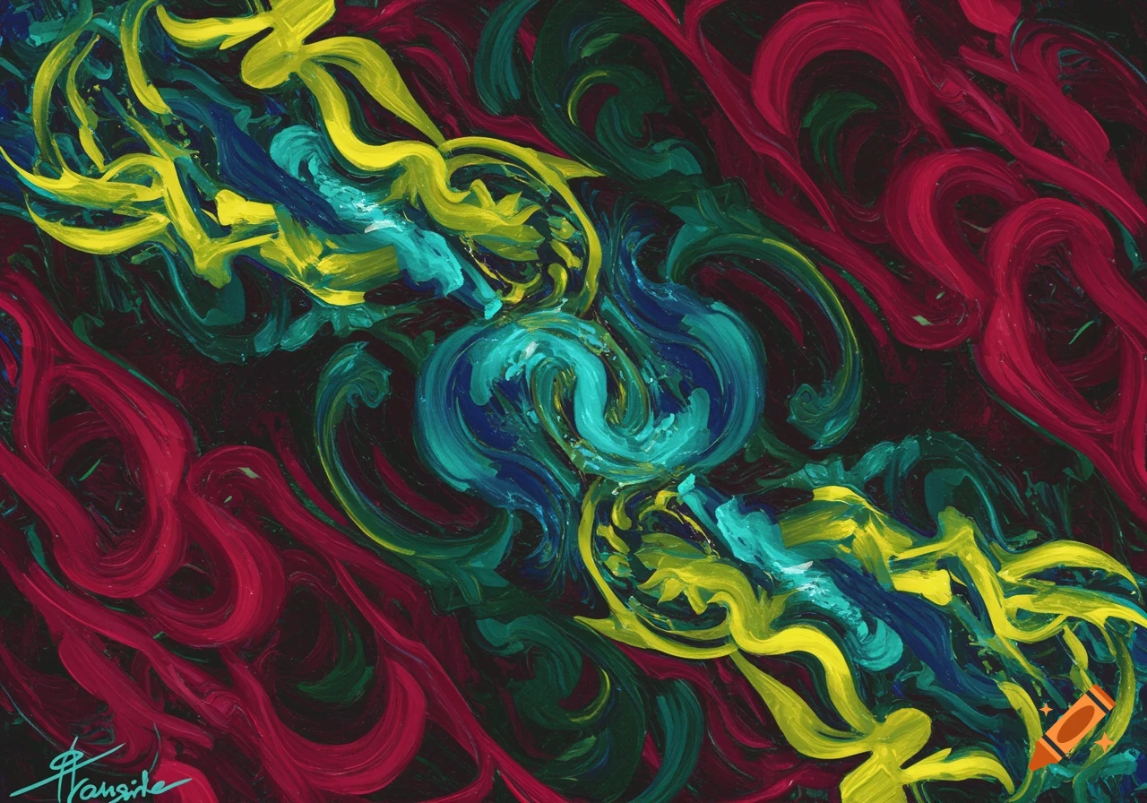 Abstract painting with swirling brushstrokes in vibrant yellow, red, blue, and green on a dark background.