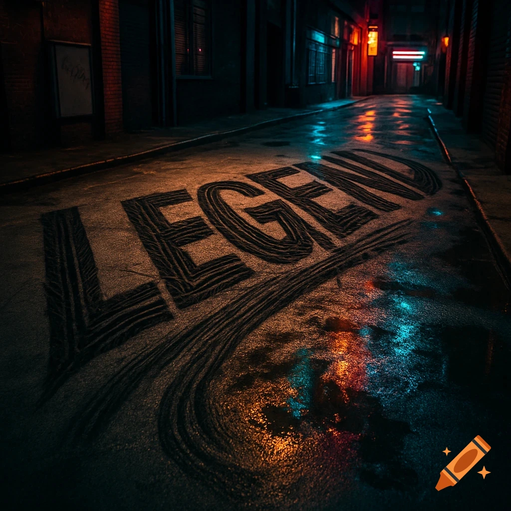 The word 'LEGEND' spelled out in tire skid marks on a wet, dark city street at night, illuminated by neon reflections.