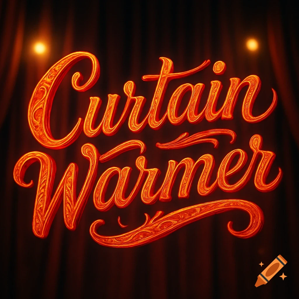Ornate, glowing orange text reading 'Curtain Warmer' against a dark theatrical curtain backdrop with spotlights.