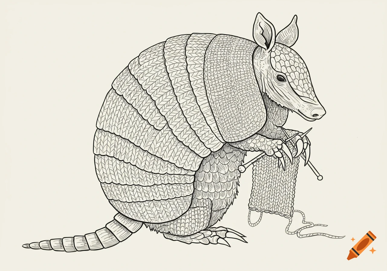 A line drawing of a banded armadillo knitting, with a knit texture on its shell.