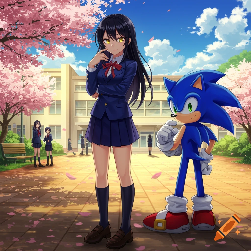 An anime girl with black hair and yellow eyes in a school uniform stands next to Sonic the Hedgehog in a schoolyard with cherry blossoms.