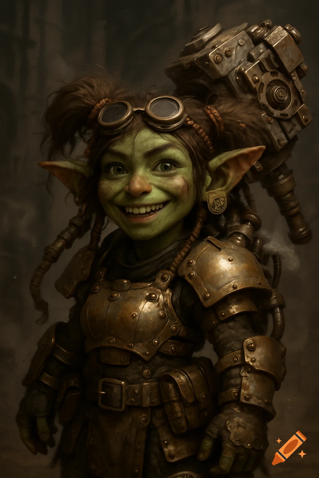 A smiling green-skinned goblin inventor in brass steampunk armor with an oversized hammer.