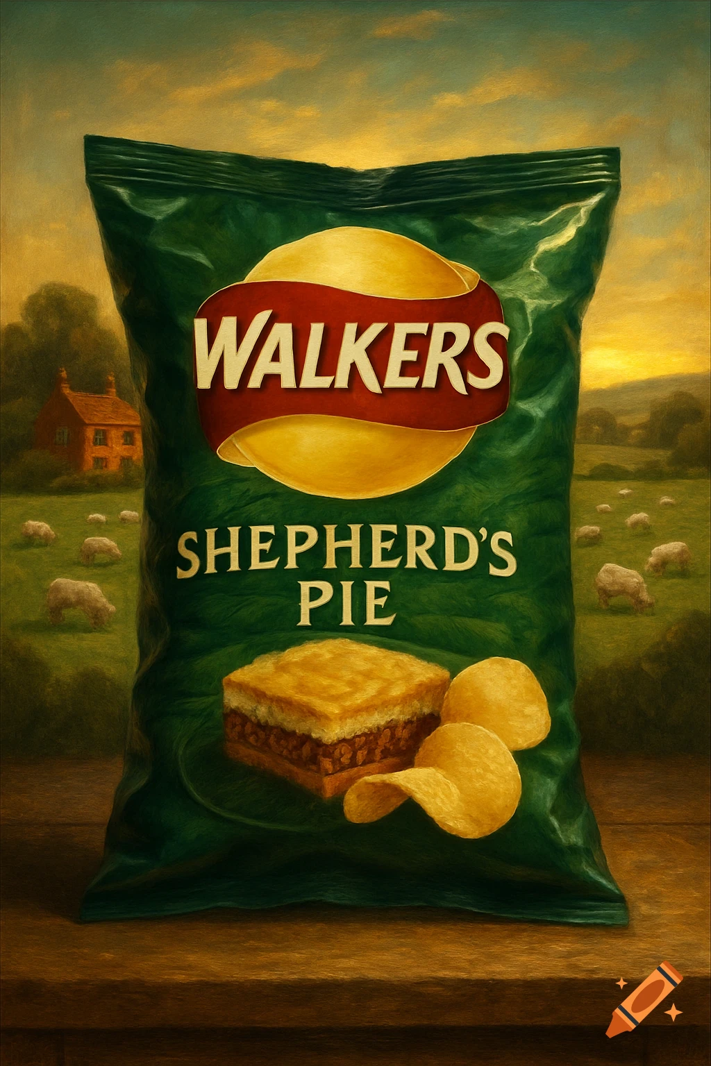 A green Walkers Shepherd's Pie crisps packet featuring a pie and crisps, on a wooden table with a rural landscape background in a painterly style.