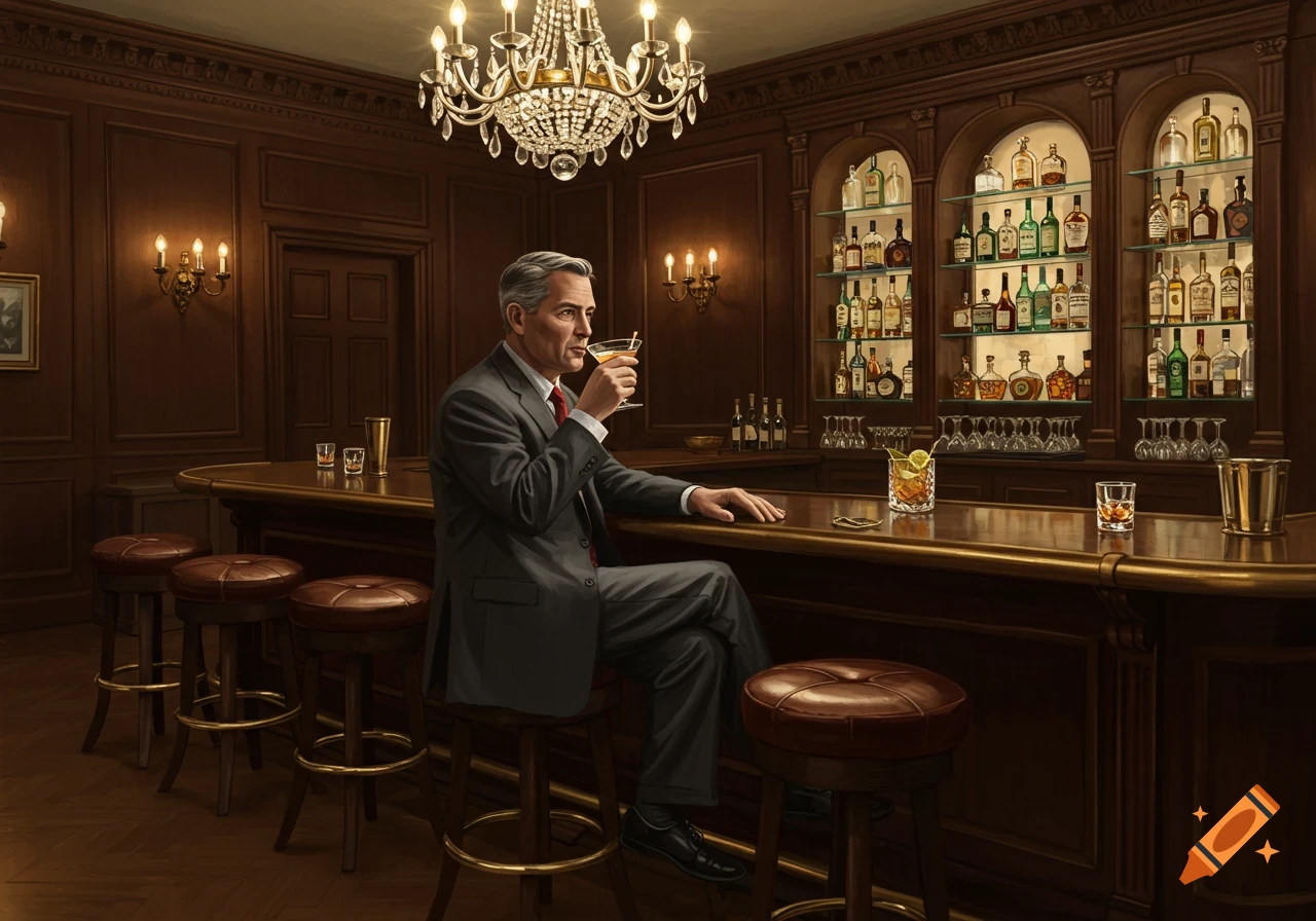A middle-aged man in a suit sits at a luxurious wooden bar, sipping a cocktail, with shelves of liquor bottles behind him.
