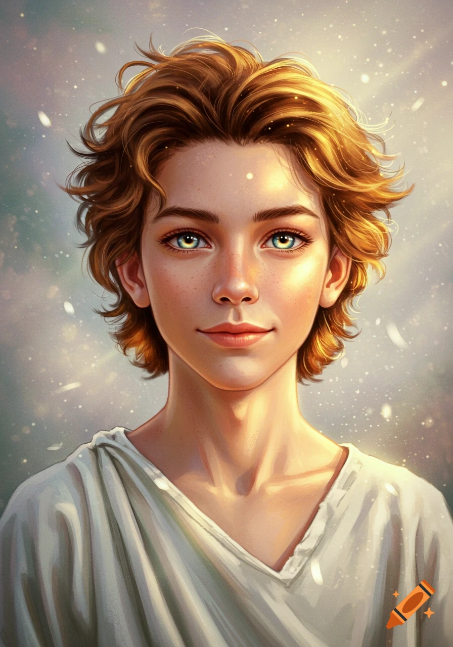Digital art portrait of a young person with wavy golden-brown hair, green eyes, and freckles, against a light, sparkling background.