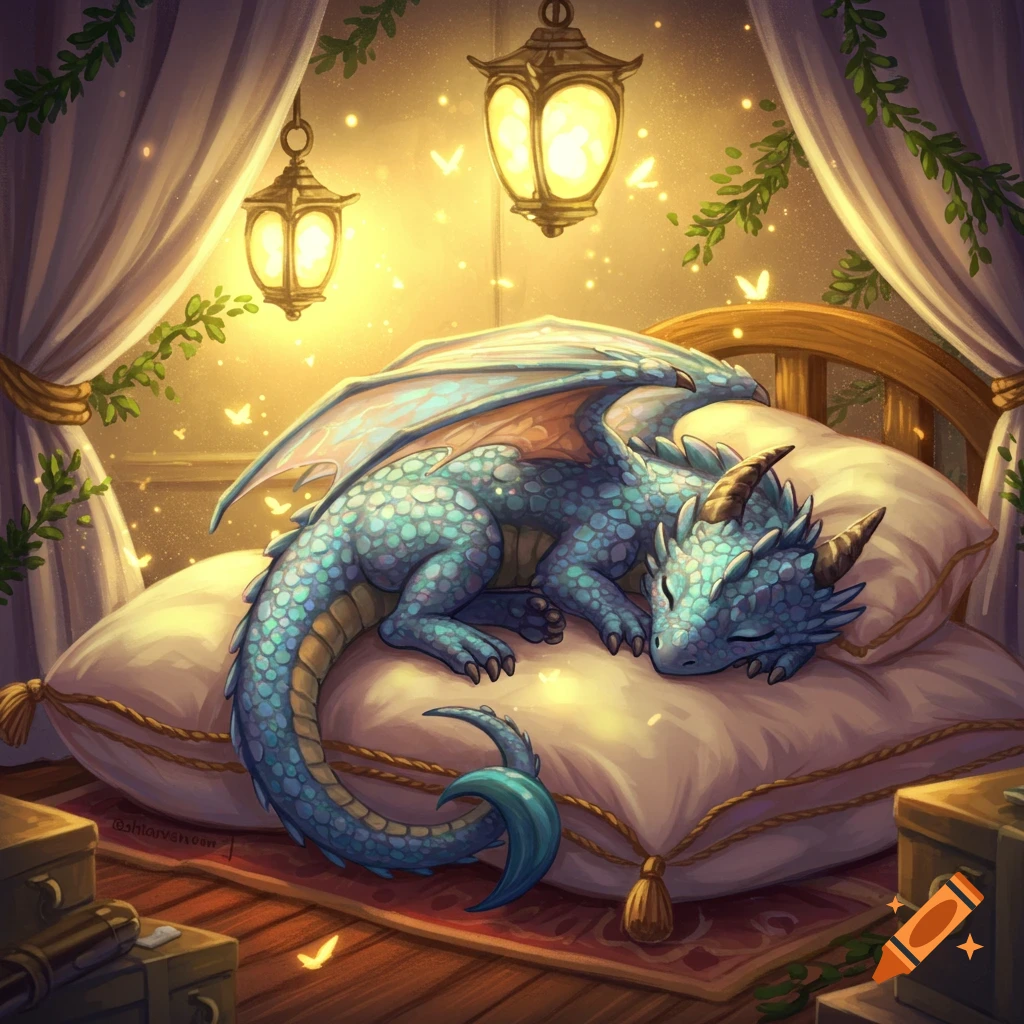 A cute blue dragon peacefully sleeps on a white pillow in a cozy, lantern-lit room, surrounded by glowing butterflies.