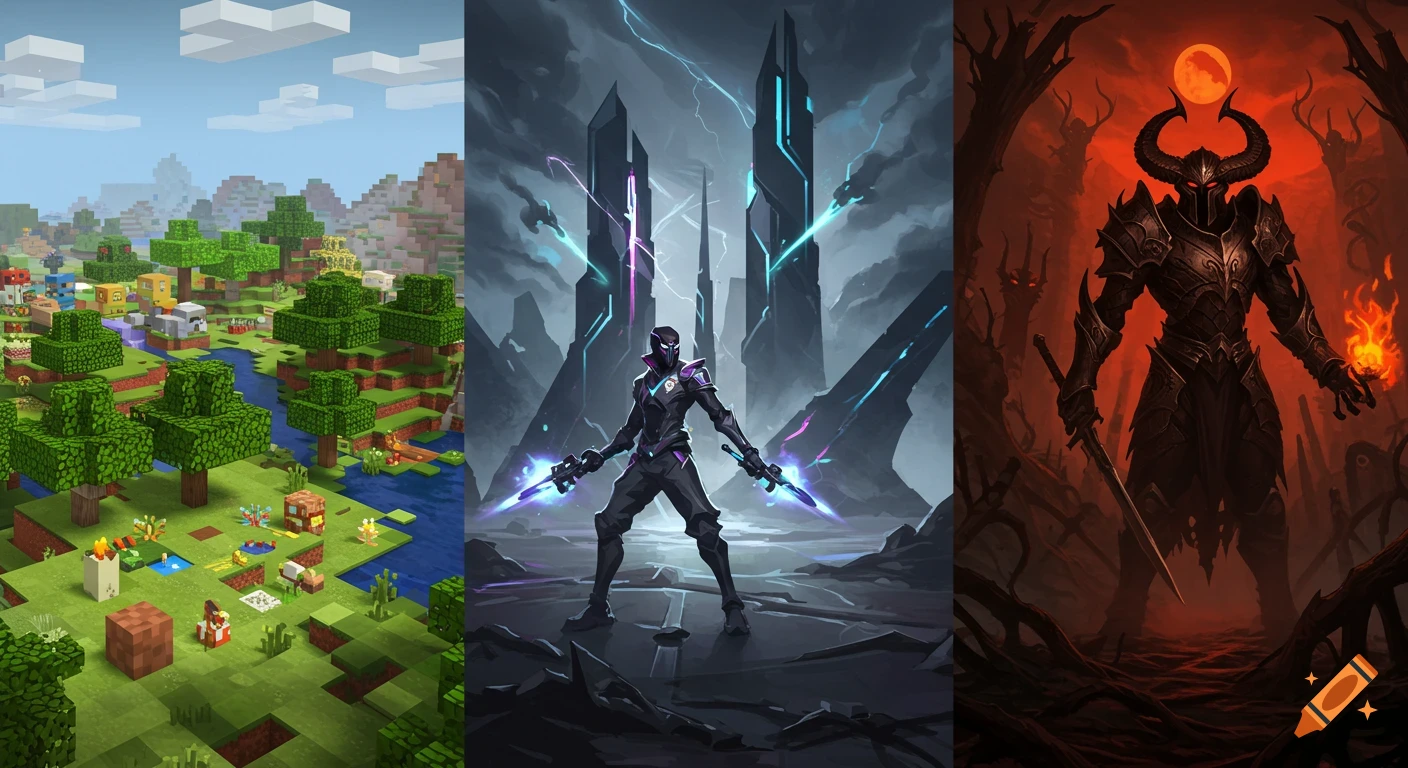 A three-panel image showing a blocky Minecraft landscape, a futuristic ninja-like character, and a horned demon figure.