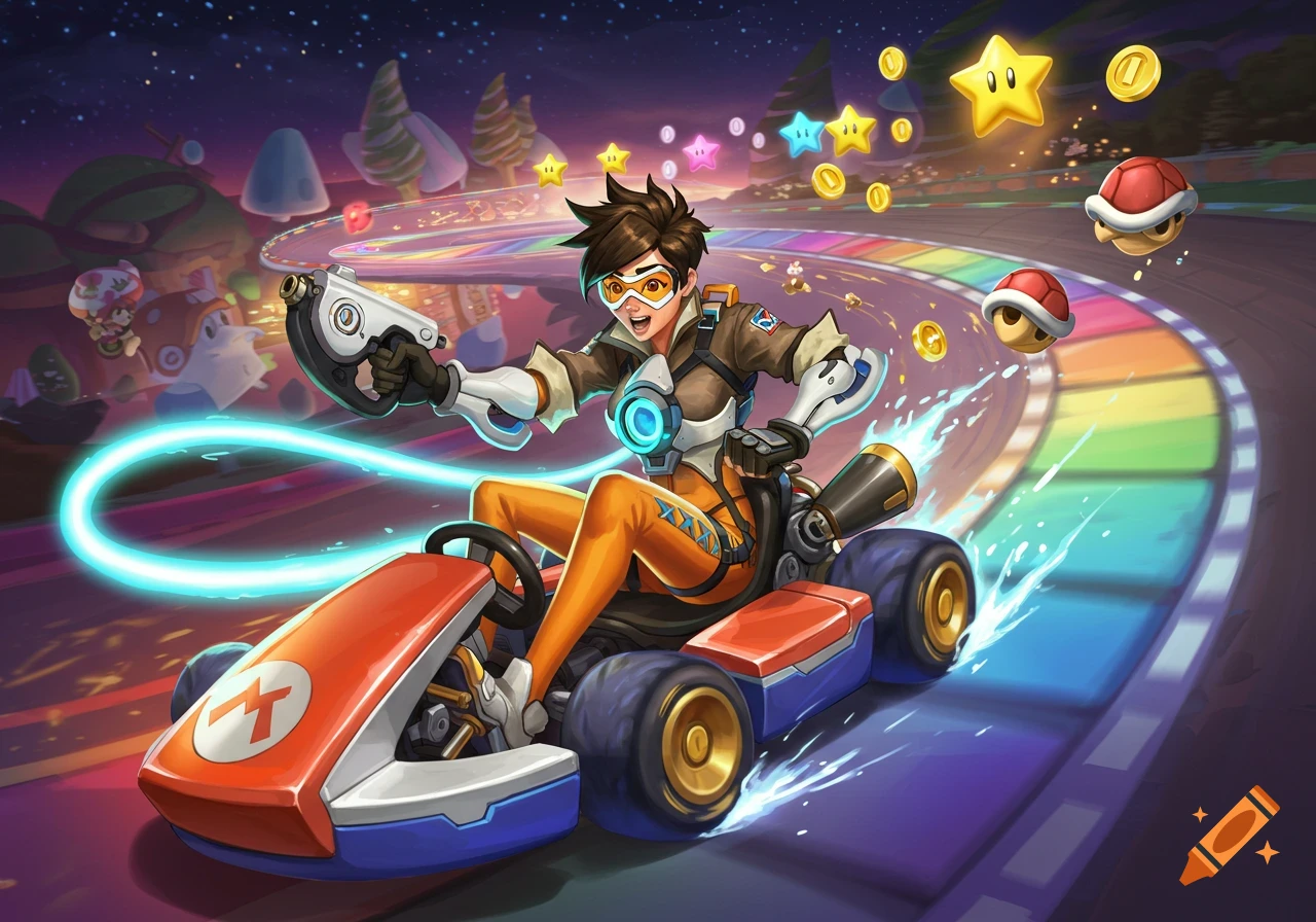 Tracer from Overwatch races a red Mario Kart on Rainbow Road, collecting stars and coins, with Koopa shells in the background.