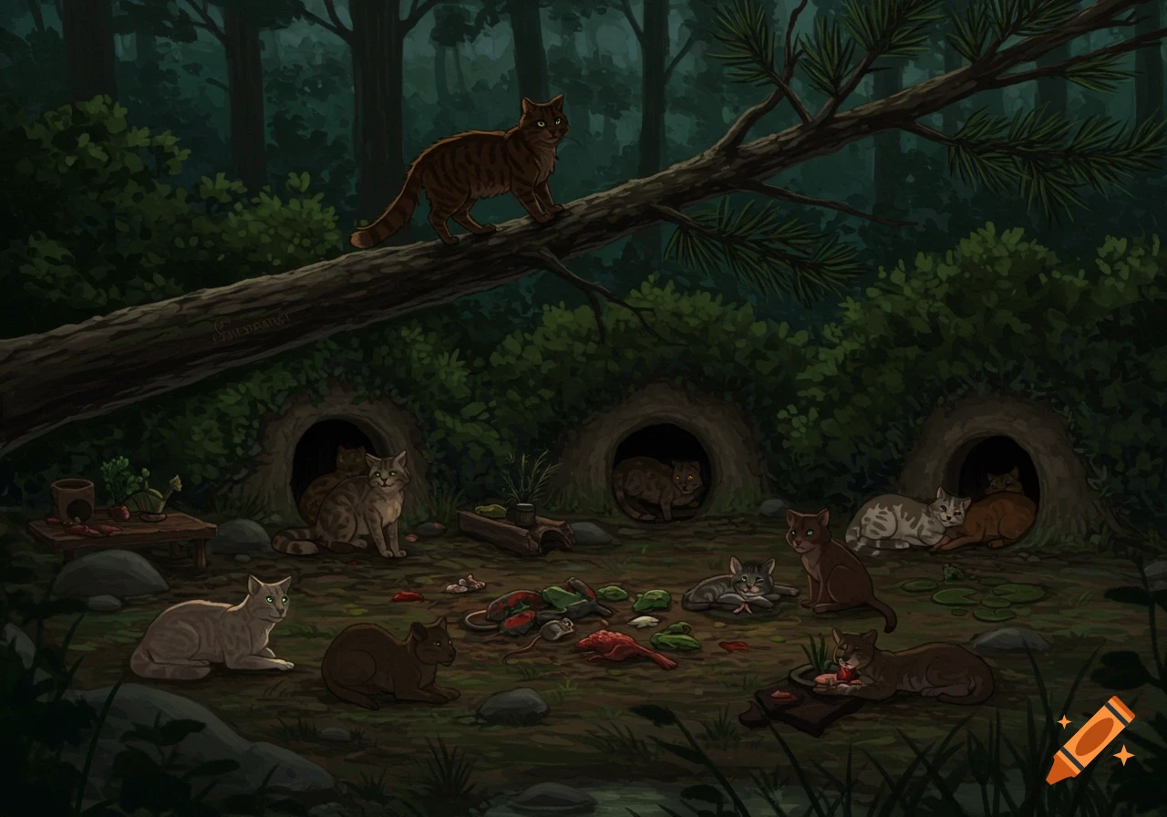 Illustrated scene of various cats in a dark forest clearing with multiple dens and a pile of prey. One cat is on a tree branch.