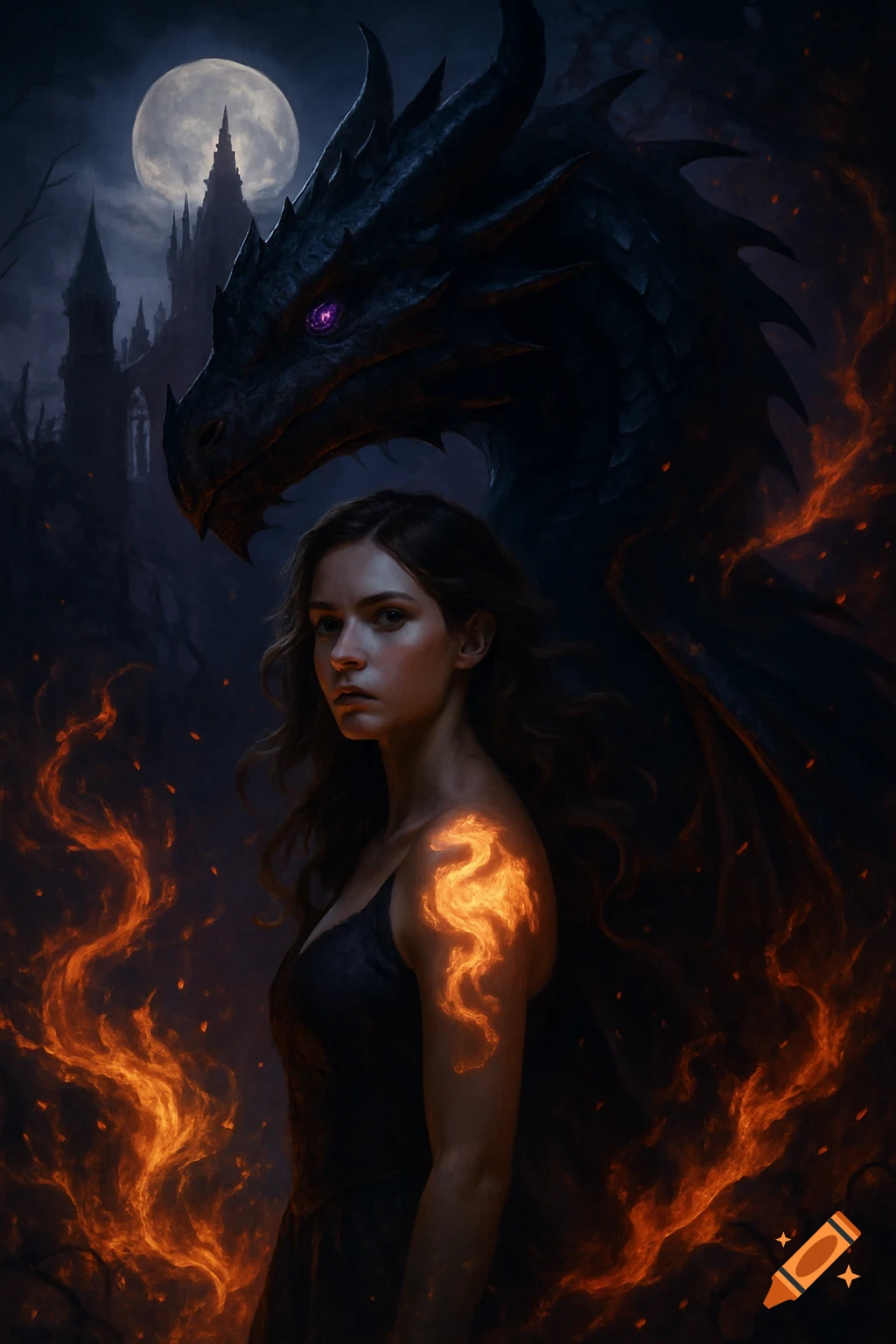 Dark fantasy illustration of a girl with a glowing dragon mark and a black dragon under a moonlit castle.
