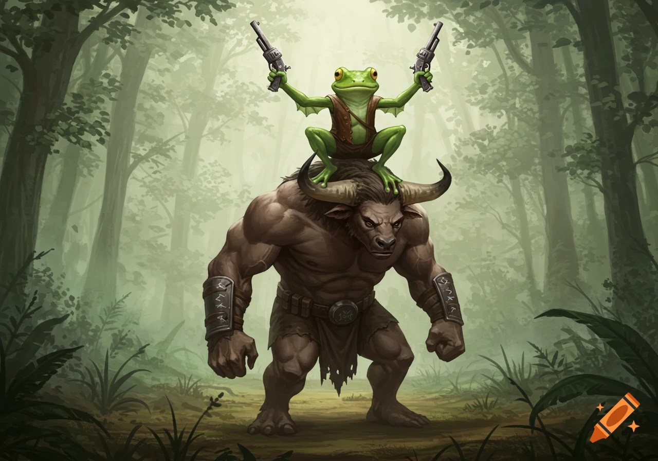 A green frog creature holding two pistols stands on the head of a muscular minotaur in a misty forest.