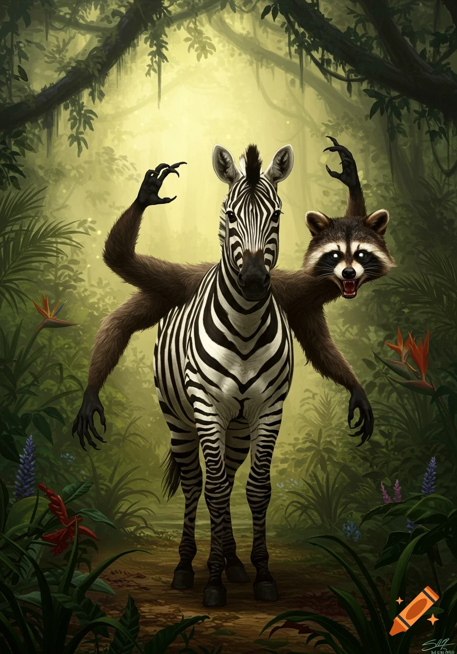 A zebra-raccoon hybrid with four furry arms and a snarling raccoon head stands in a lush jungle.