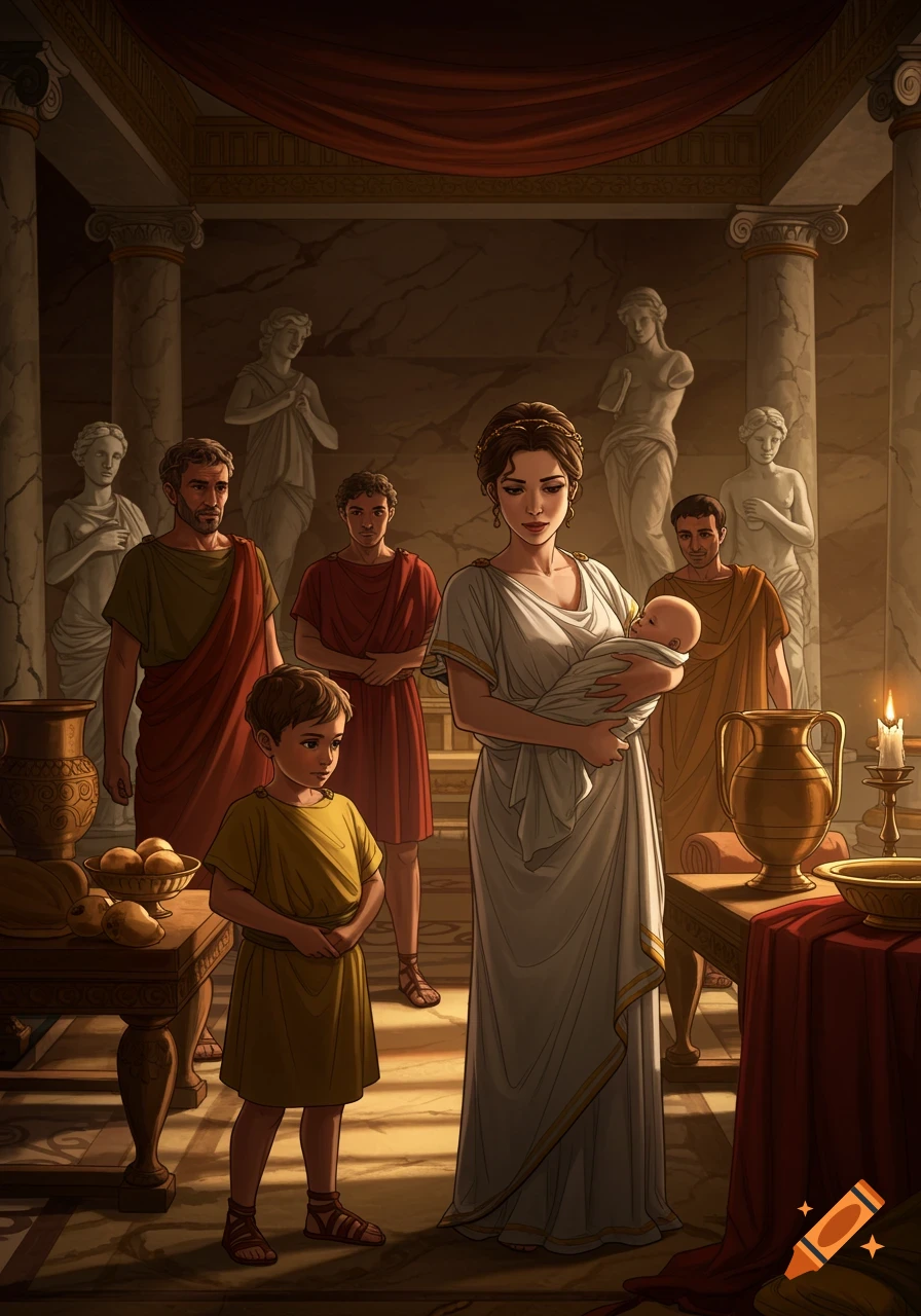 A cinematic cartoon of a Roman noble family in a richly detailed villa, with a mother holding a baby, surrounded by family members and classical statues.