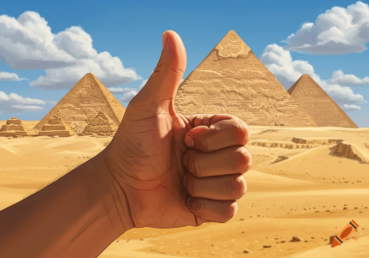 A close-up of a human hand giving a thumbs-up gesture with the Great Pyramids of Giza in the desert background.