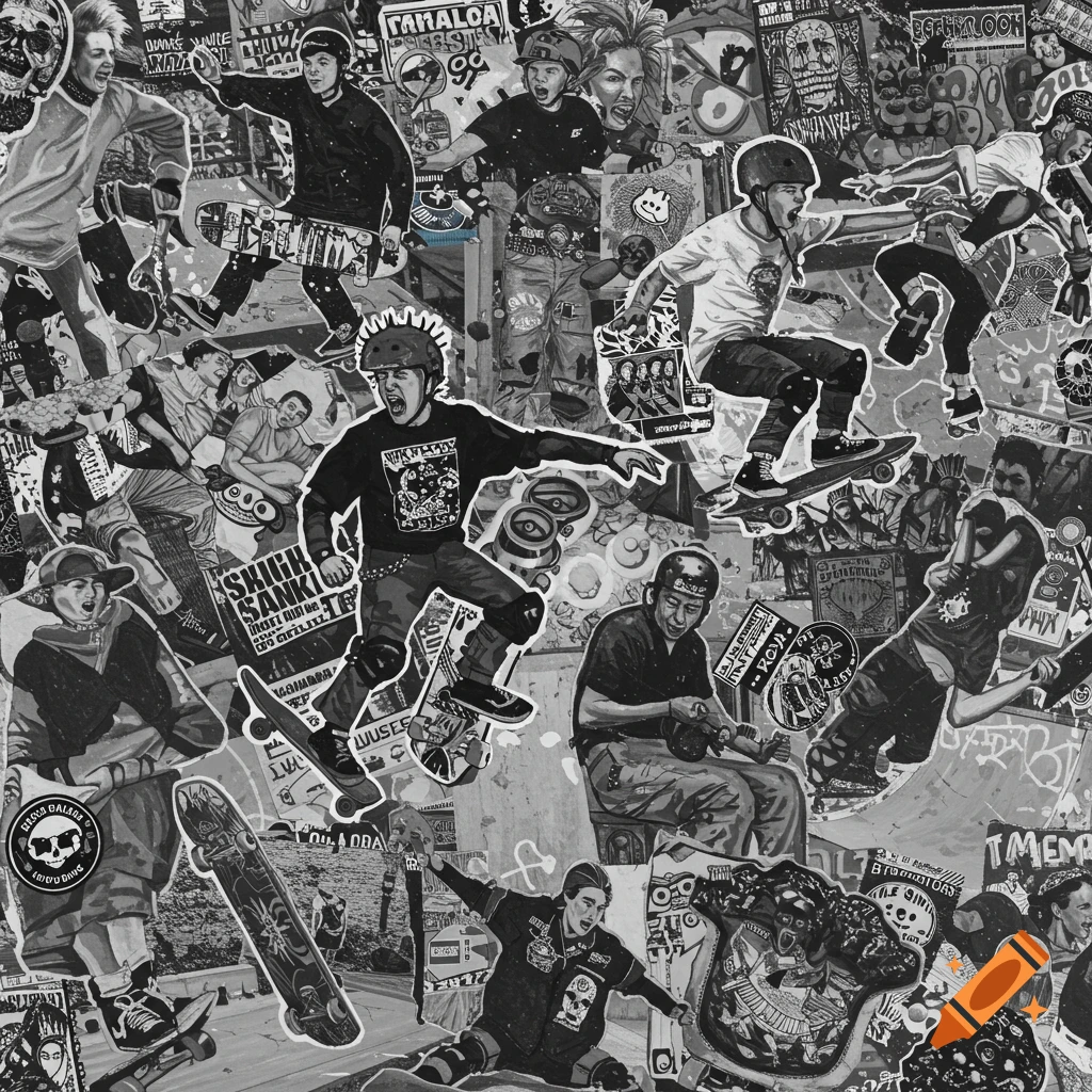 A dynamic grayscale collage featuring multiple skateboarders in action, with some yelling and having fun, against a backdrop of posters and graphics in a skate punk style.