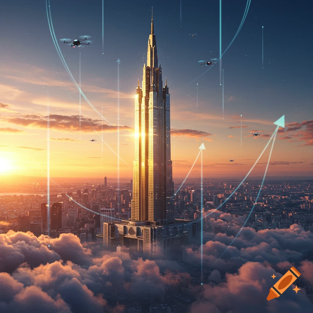 A towering futuristic golden skyscraper rises above clouds at sunset, surrounded by drones and glowing upward arrow trails over a sprawling city.