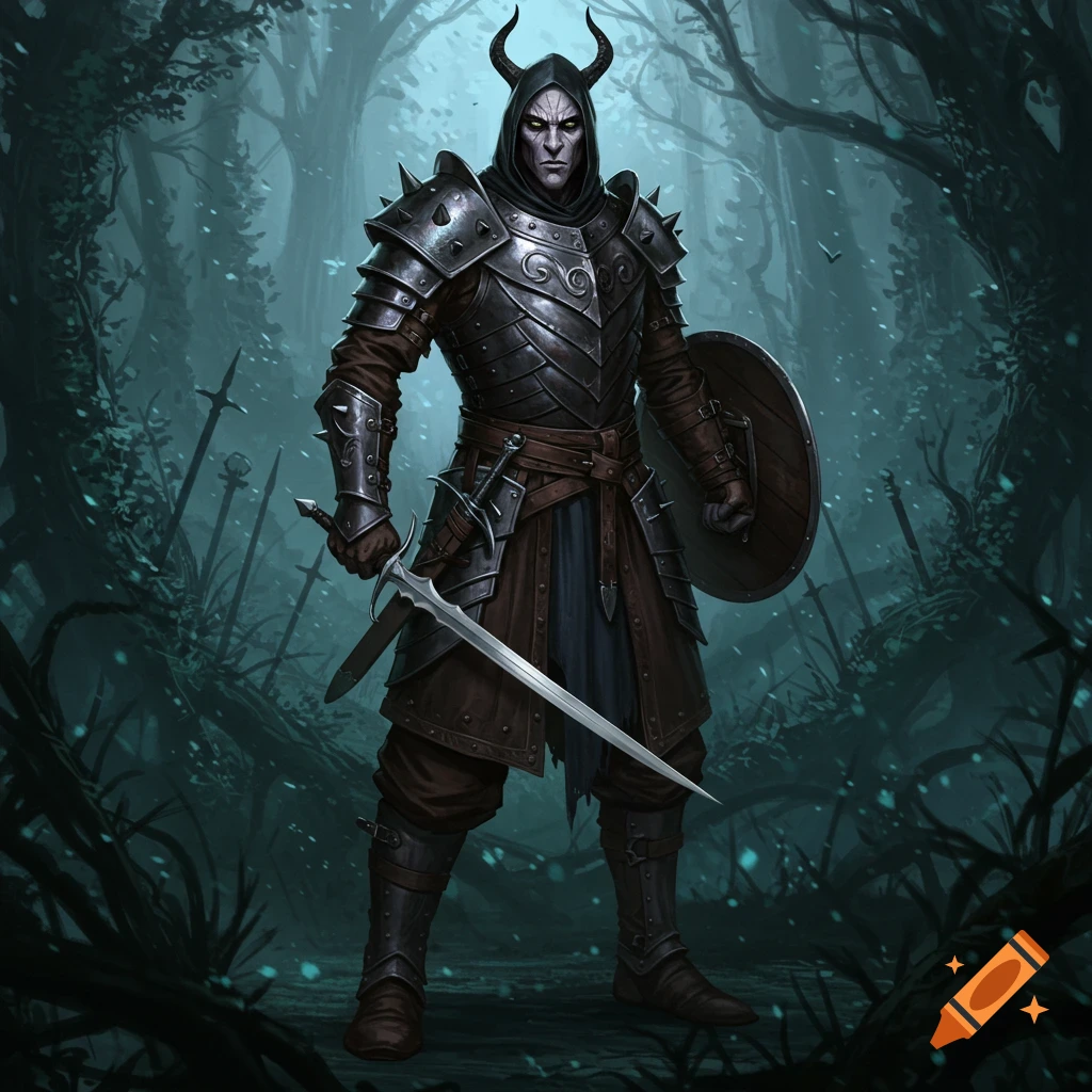 A horned, pale-skinned Shadar-Kai warrior in dark metal armor holds a sword and shield in a gloomy, mist-filled forest with swords in the ground.