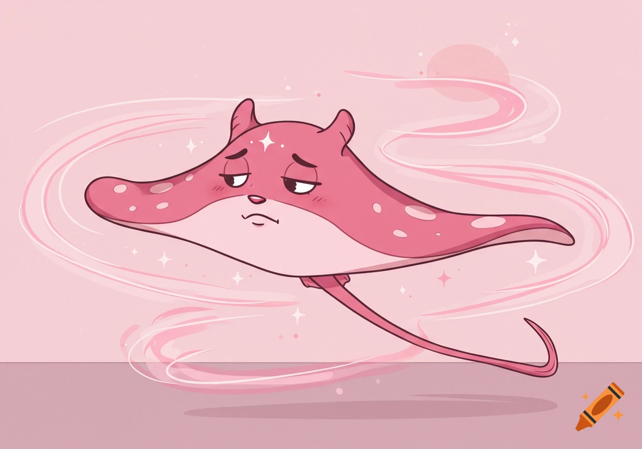 A stylized cartoon illustration of a pink ray with a somber expression, surrounded by soft swirling pink light.
