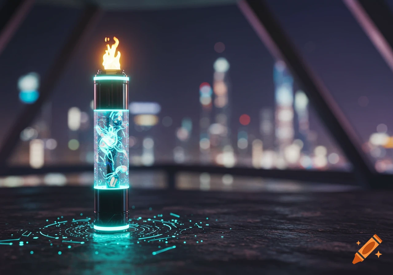 A futuristic glowing torch device with a flame, standing on a dark surface with blue circuits, against a blurred night city skyline.
