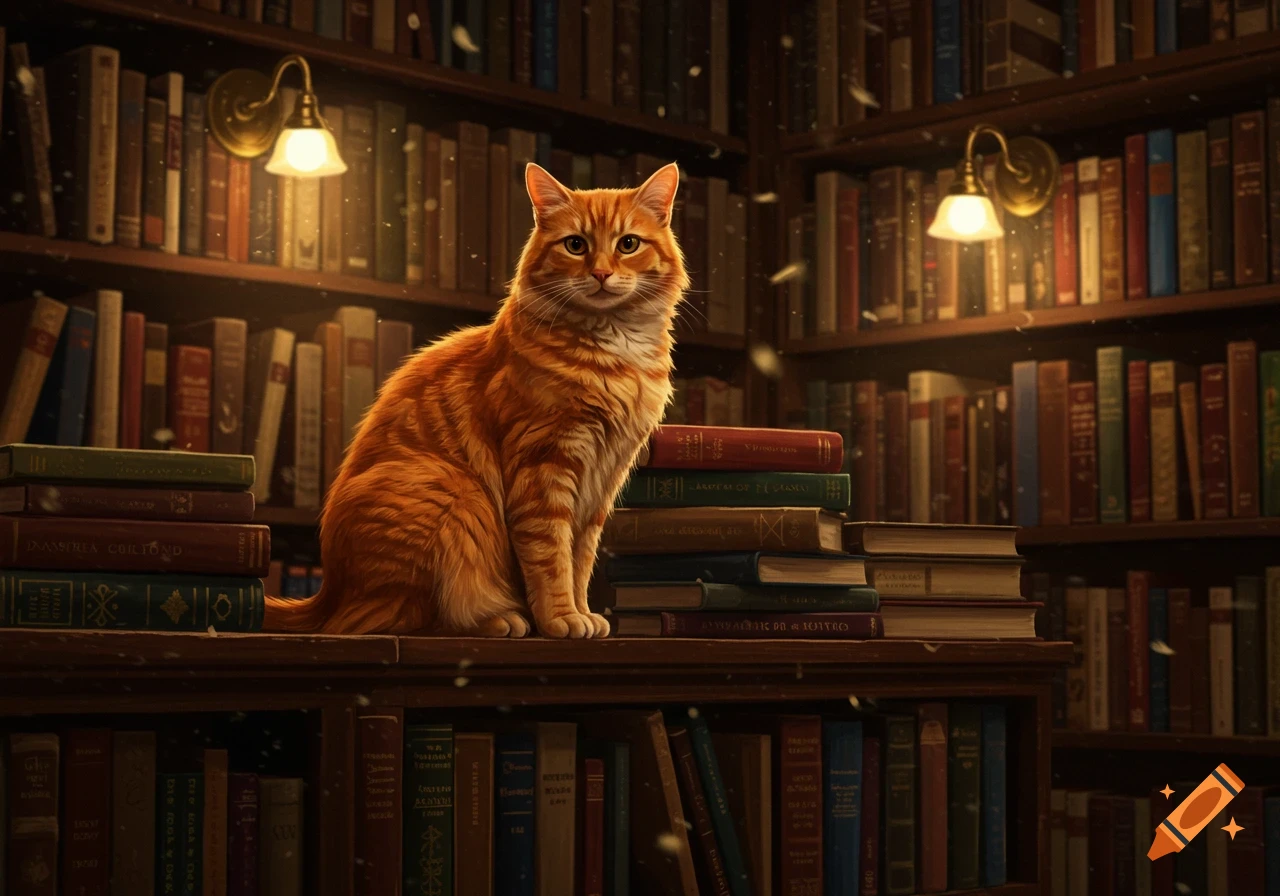 An orange cat sits on a wooden shelf in a warmly lit library, surrounded by stacks of old books, looking serious.